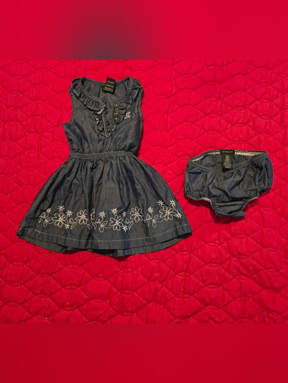 Calvin Klein Jeans Dark Blue Denim Dress with White Floral Embroidery